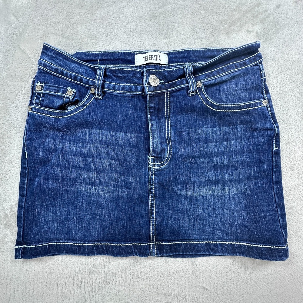 Telepatia Mini Jean Skirt Womens Large Blue Denim Rhinestones Back Pockets Skirt